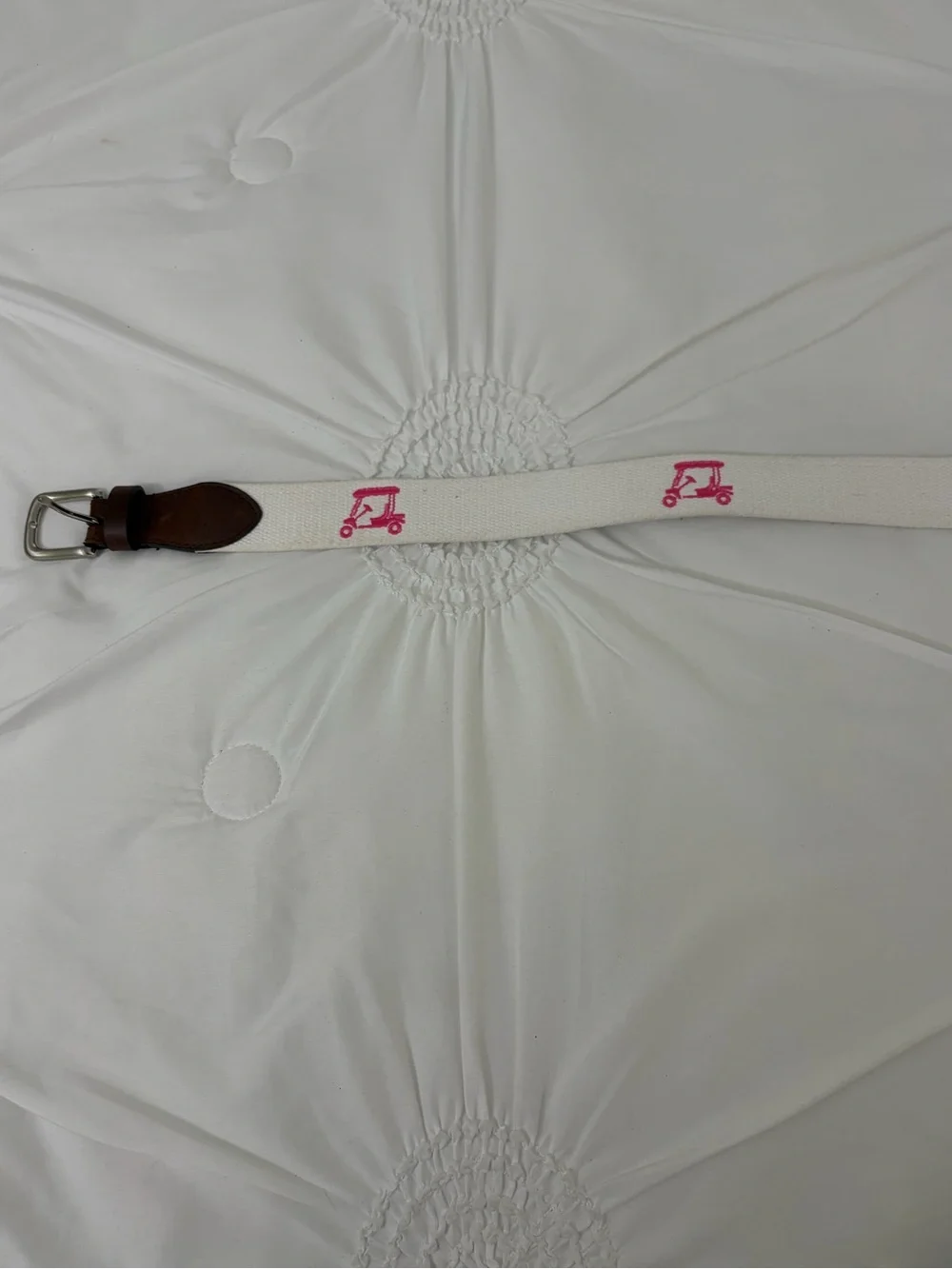 Pink Golf Cart Preppy White Canvas Brown Leather Trim Belt Size Medium